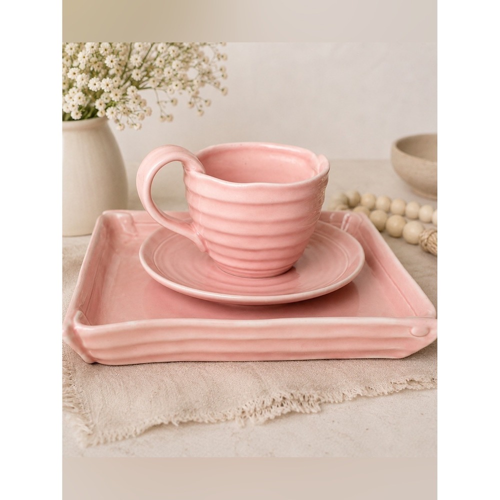 Tabletops Lifestyles EMMA Pink Hand-Painted Ceramic 3-Piece Coffee Set Mug Plate